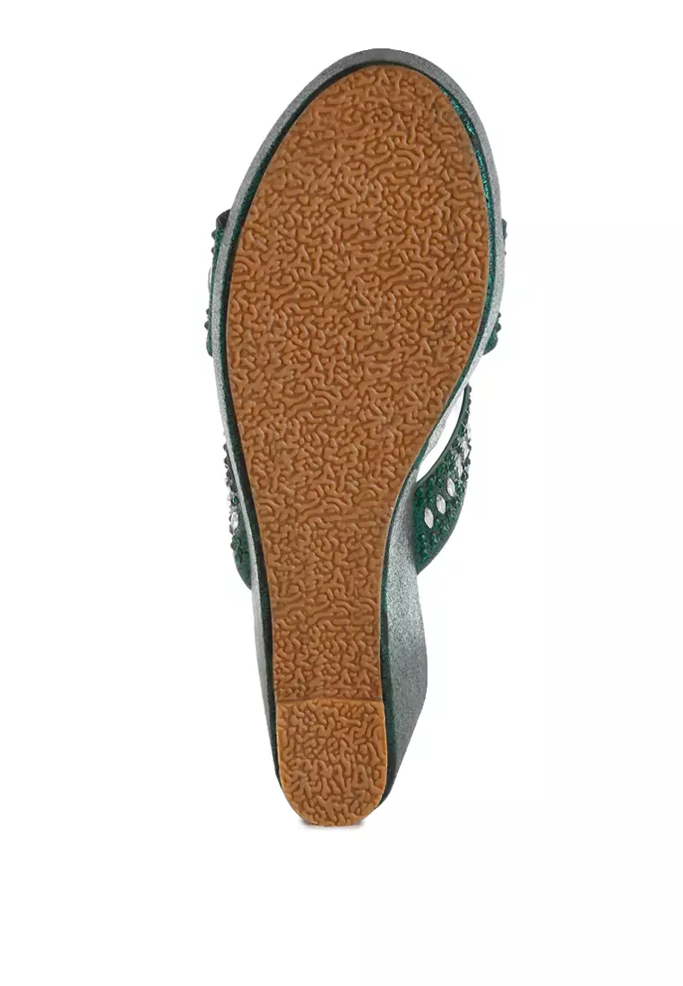 Diamante & Rhinestone Detail Cut-Out Sandals in Green