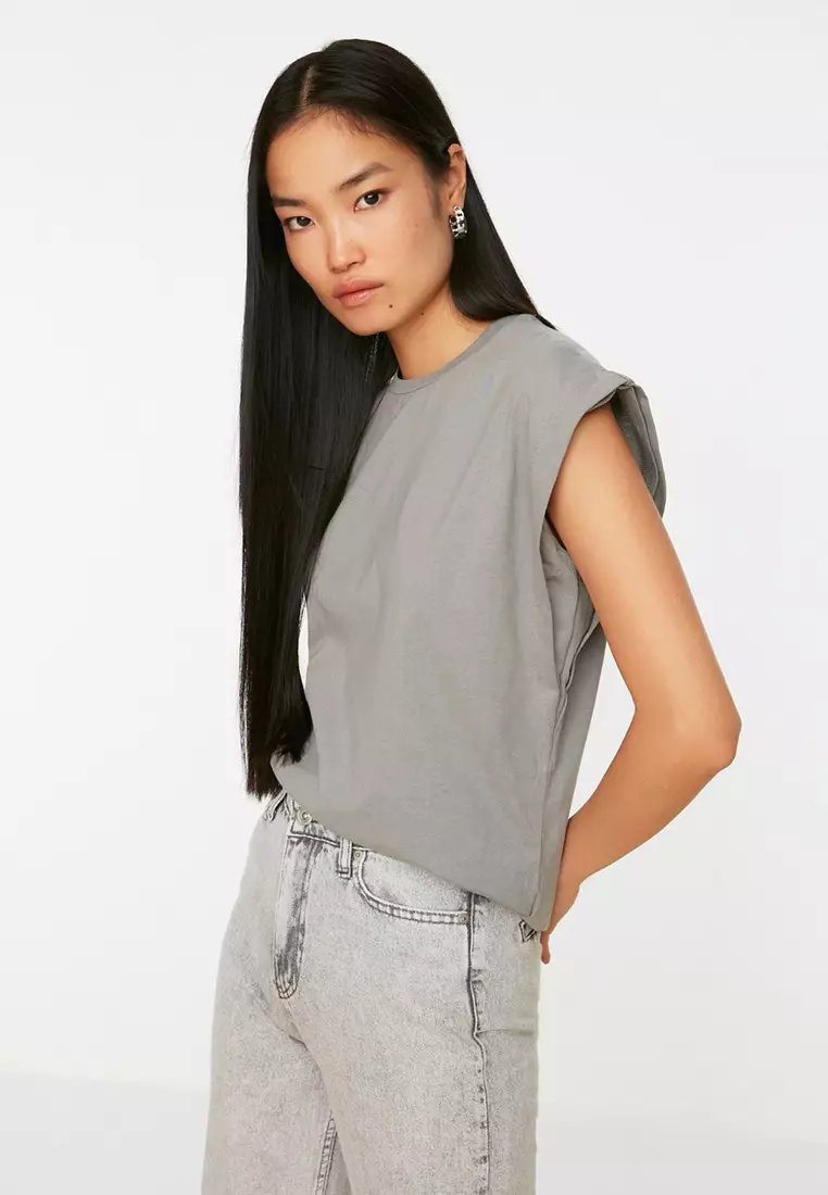 Gray 100% Cotton Wadding Look Basic Crew Neck Knitted T-Shirt TWOSS20TS0021