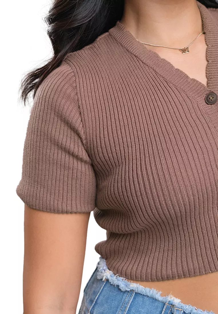 Button Down Knit Top With Scallop Detail