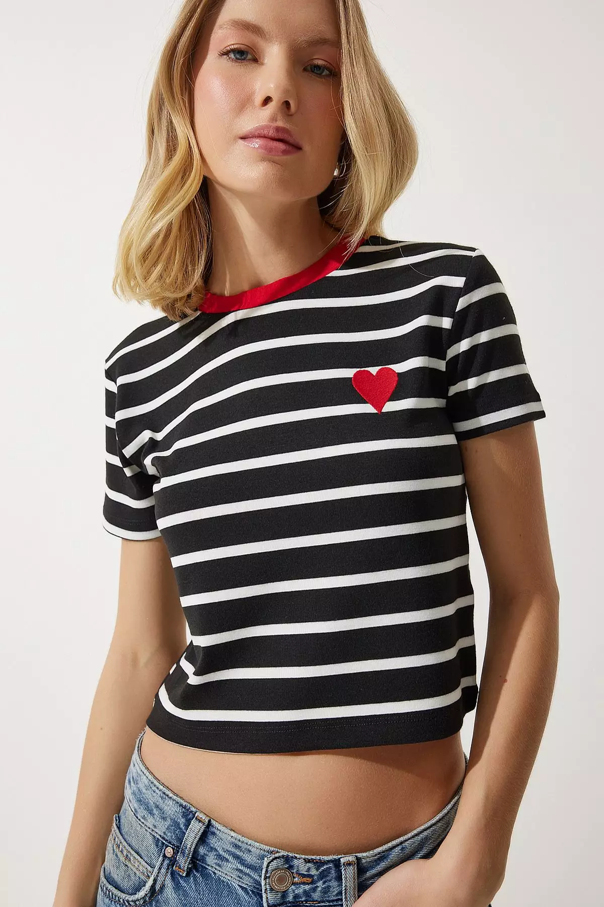 Heart Embroidered Striped Cotton Knitted T-Shirt