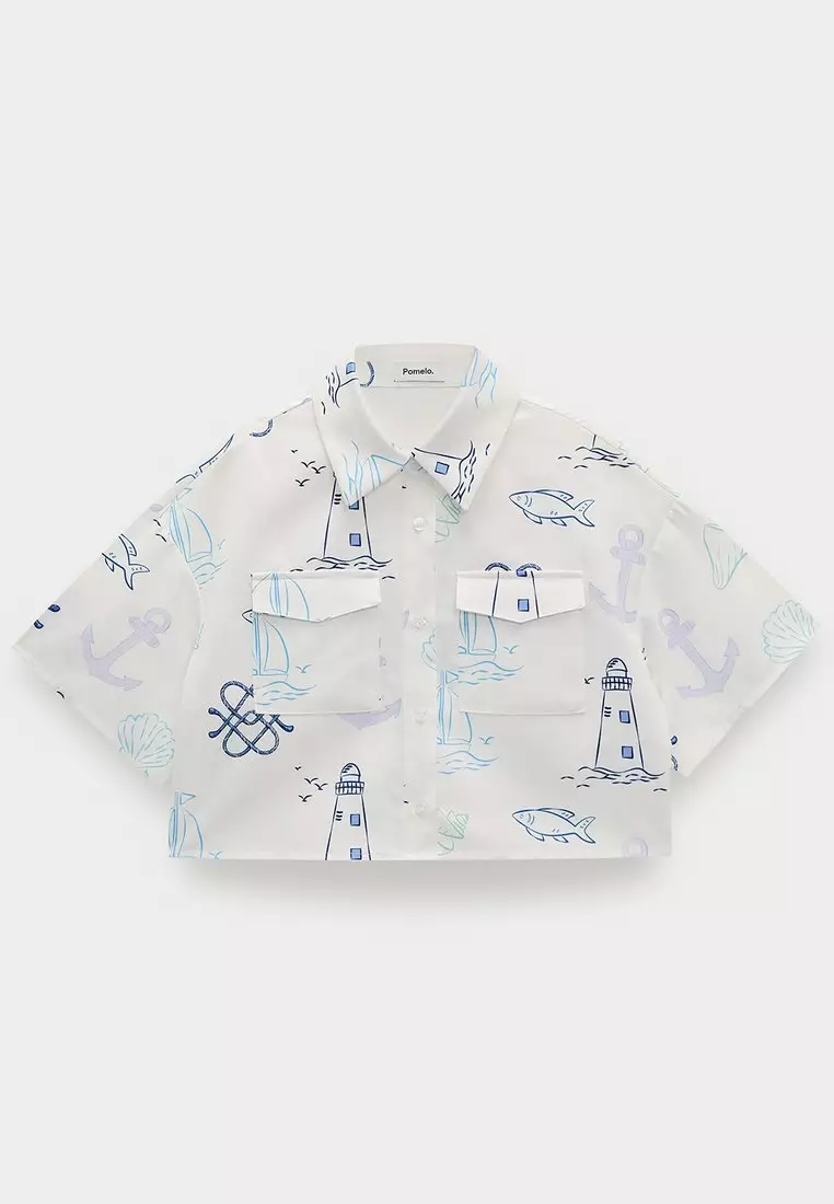 Nautical Sketch Cropped Shirt - White