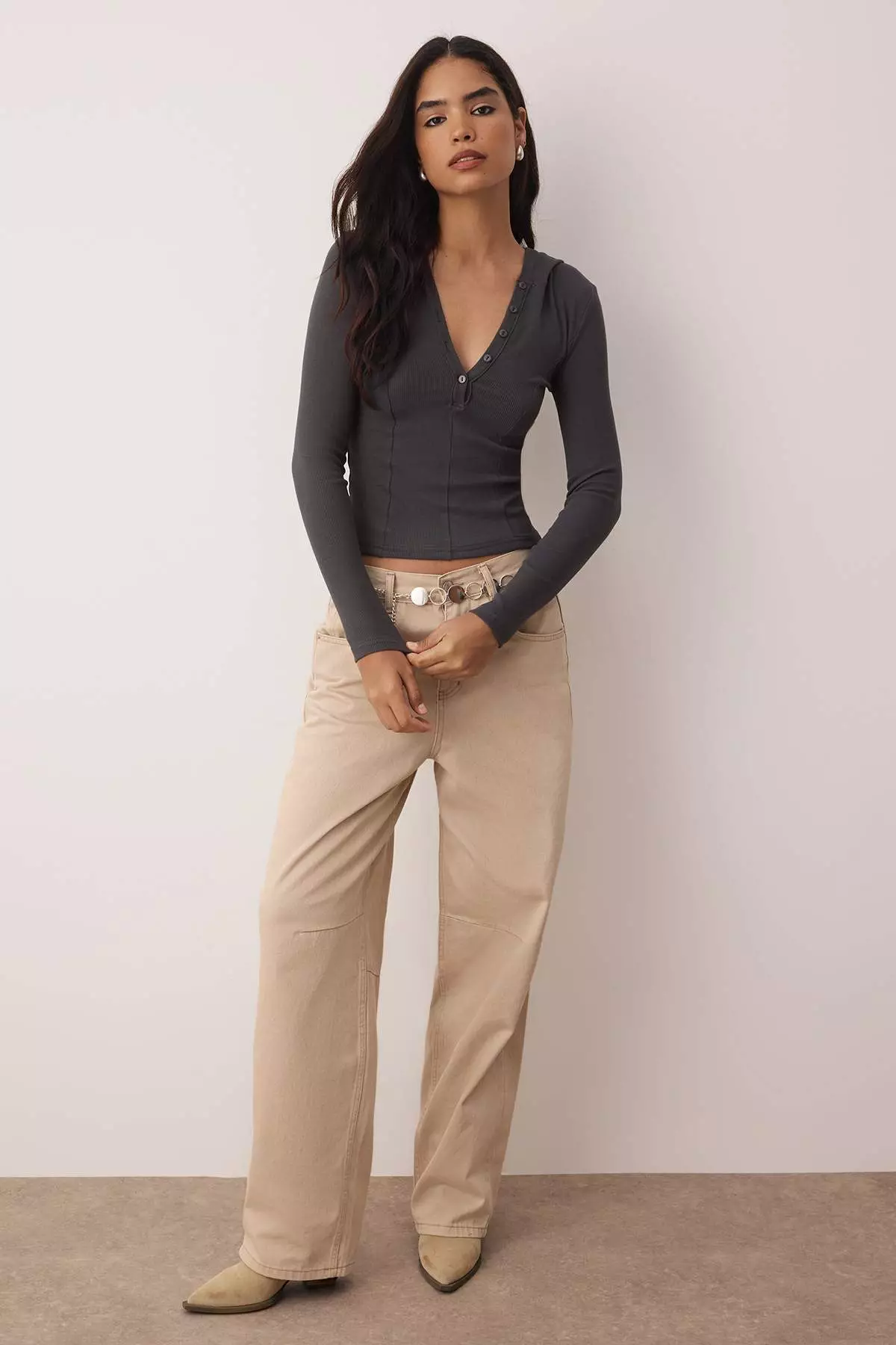 Anthracite Hooded Ribbed Buttoned Fitted/Body-Smoothing Knitted Blouse Twoaw26Bz00033