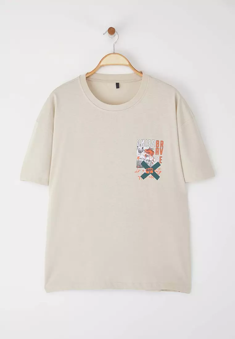 Stone Oversize/Wide Cut Short Sleeve Text Printed 100% Cotton T-Shirt TMNSS22TS2223