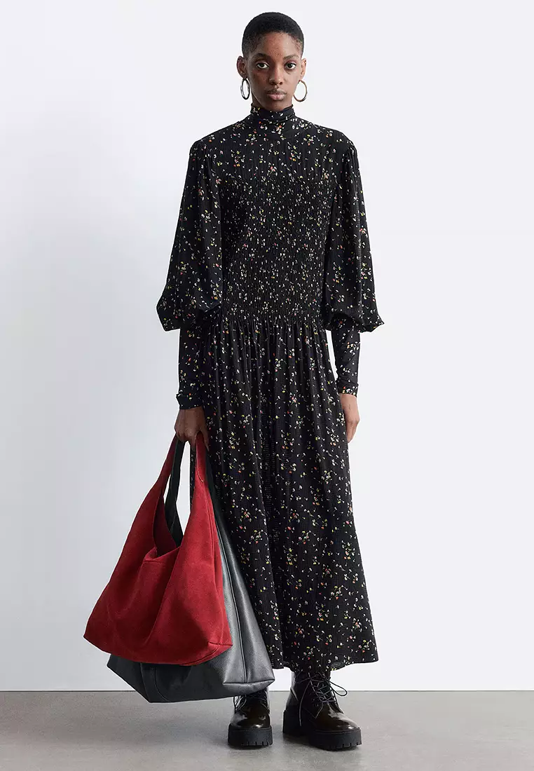 Smocked Balloon-Sleeve Midi Dress