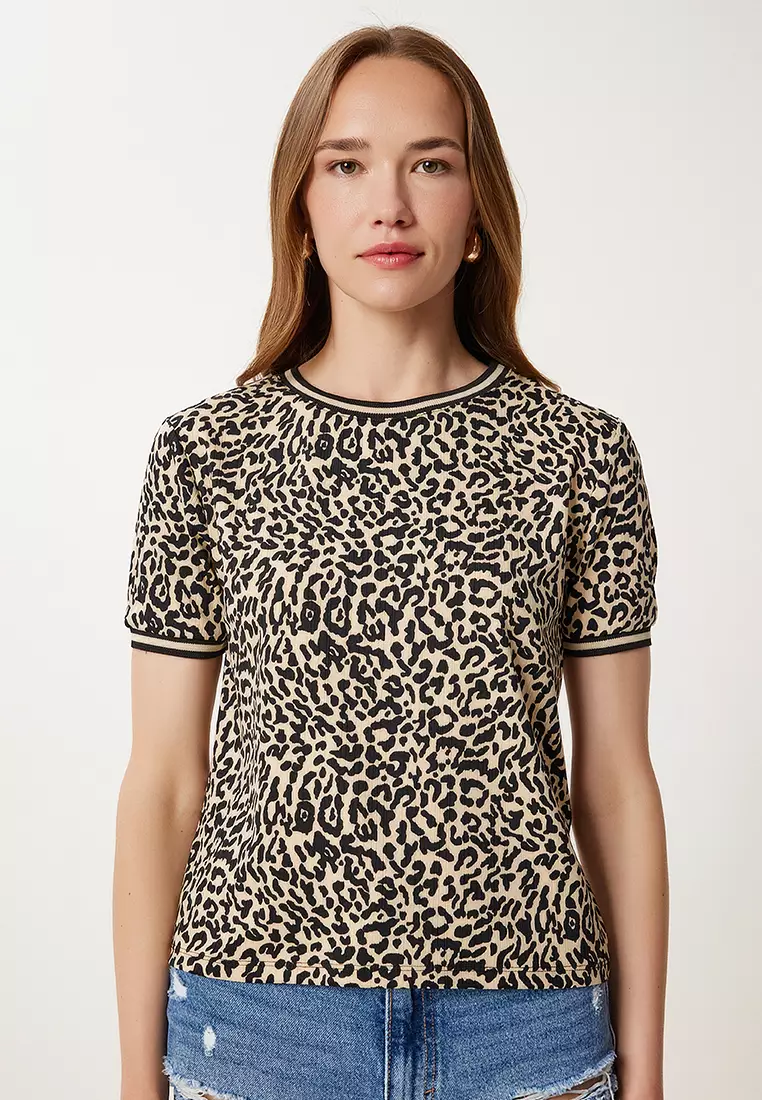 Women's Black Beige Patterned Stretch Knitted Blouse Tp00078