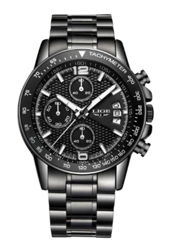 LIGE black LIGE Chronograph Unisex IP Black Stainless Steel Quartz Watch, Black Bezel, Black dial on IP Black Steel Bracelet 6E65CAC269F04EGS_1