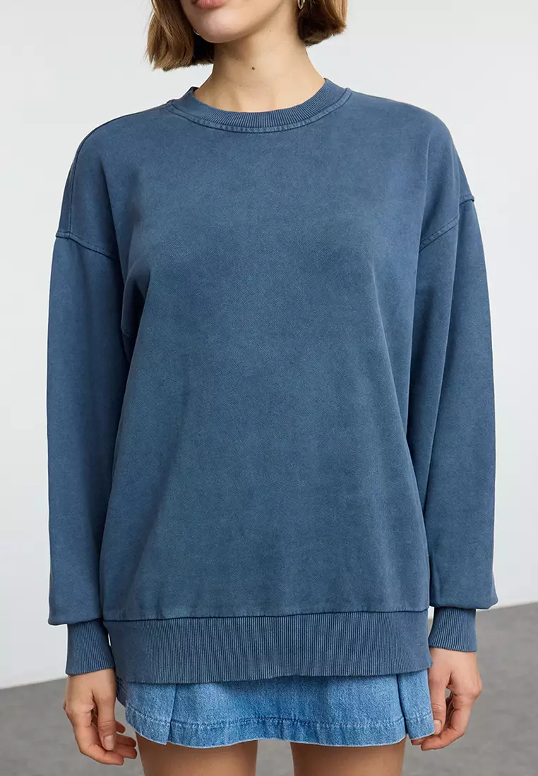 Indigo Plain Oversize/Relaxed Cut Basic Crew Neck Thick/Polar Inside Knitted Sweatshirt Twoaw24Sw00102