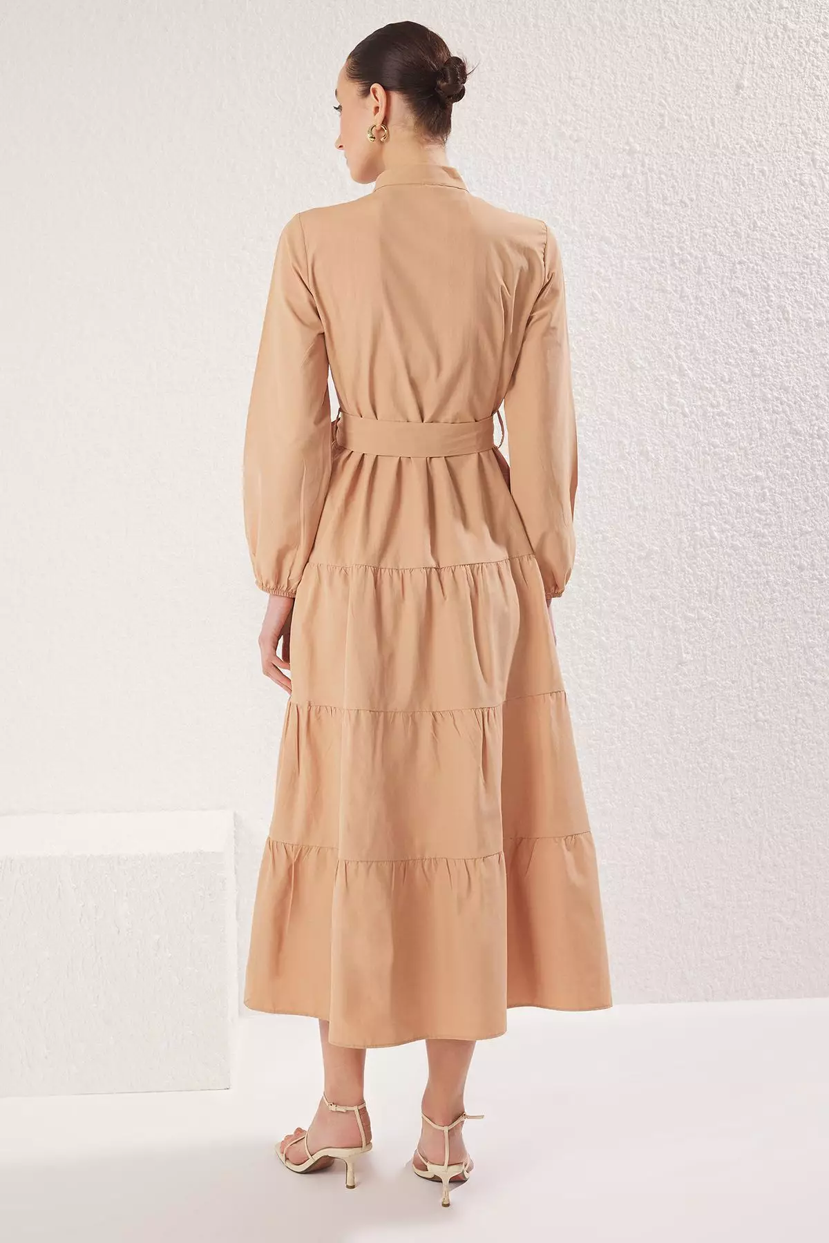 Beige Belted Judge Collar with Button Detail Woven Dress TCTSS21EL3343