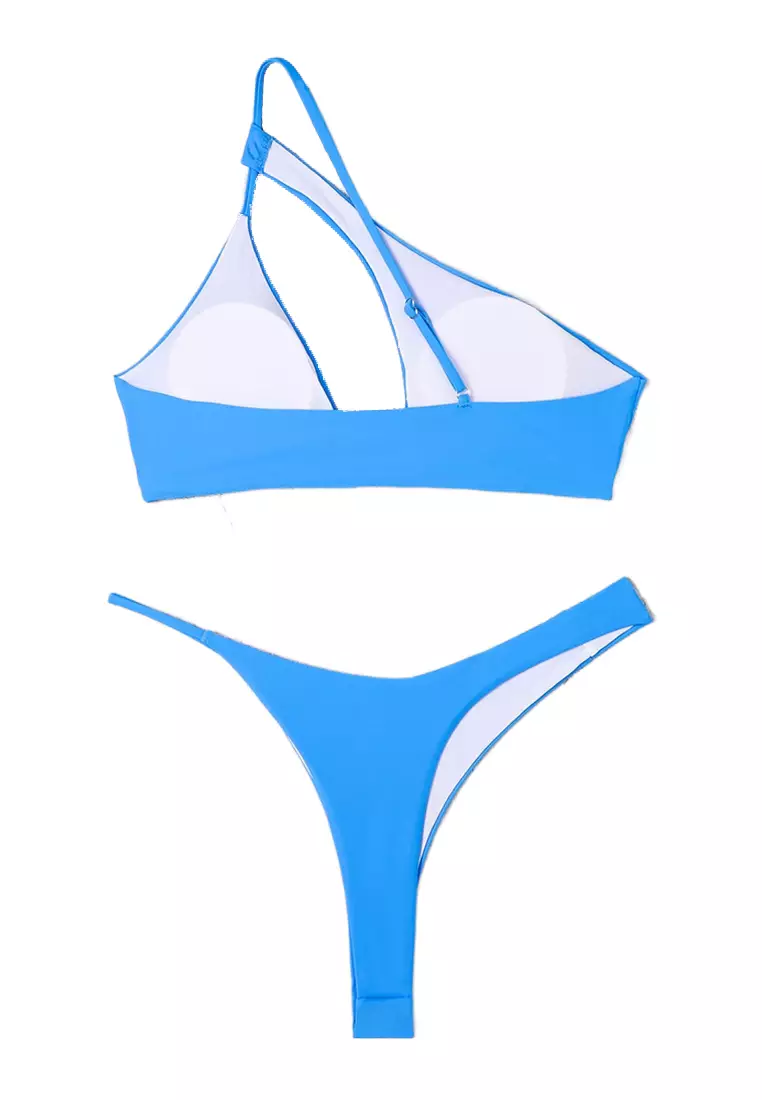 2 Pieces Halter Neck Bikini Top Underwear Pure Color Stylish Backless  Tassel Tied 2 Pieces Bikini Blue
