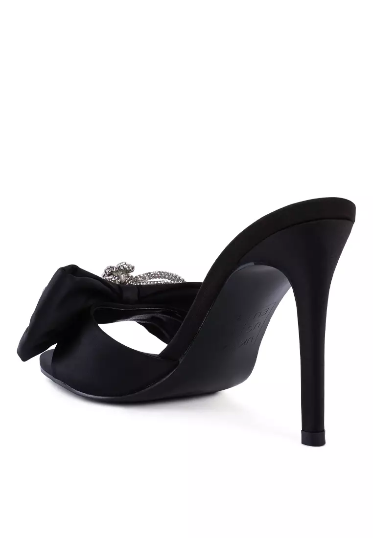 Crystal Bow Satin High Heeled Sandals in Black
