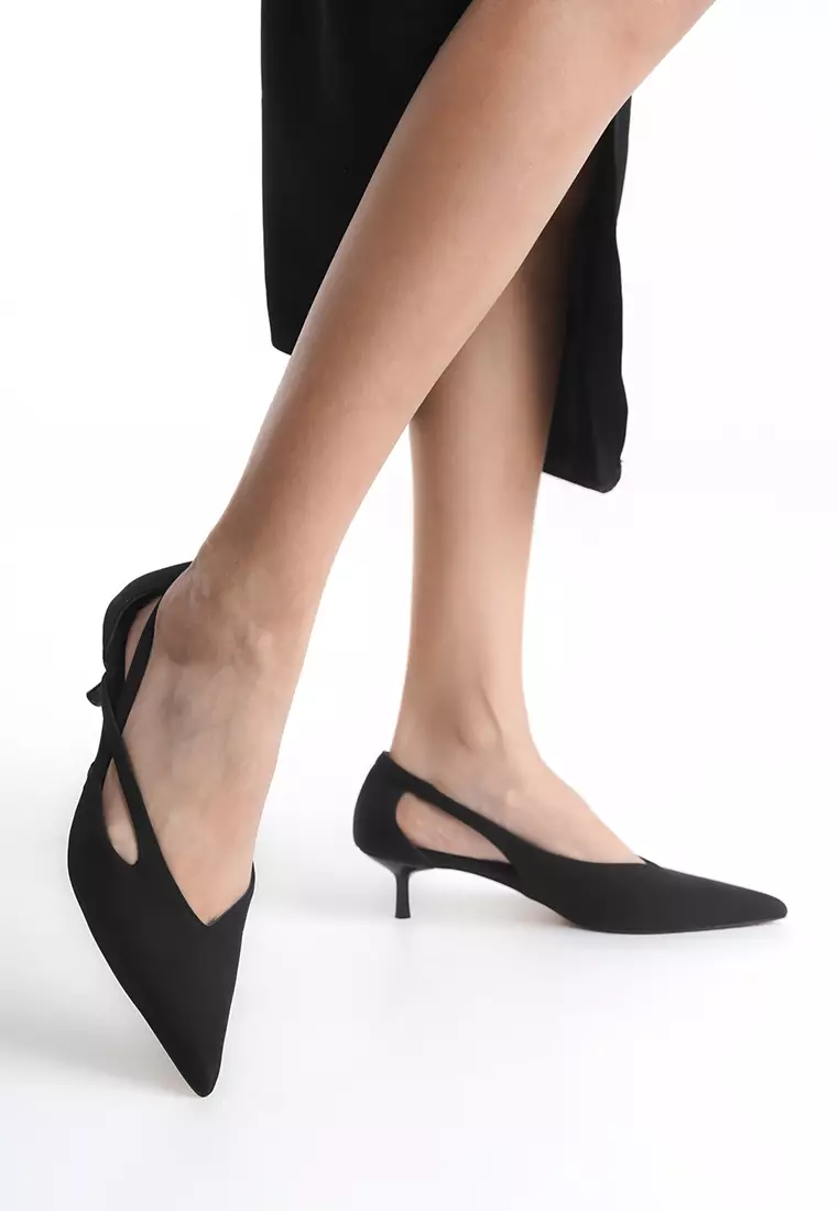 Black Cut Out Detailed Satin Pointed Toe Women's Kitten Heels Shoes Takss25To00079
