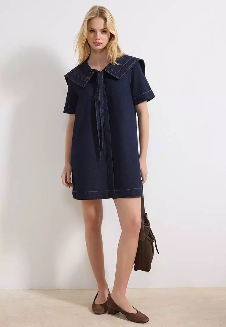 Blue Baby Collar Detailed 1% Cotton Mini Denim Dress Twoss26El41