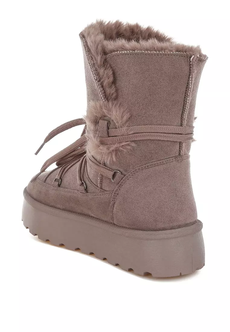 Sepatu Salju Bulu Palsu Tebal Warna Taupe