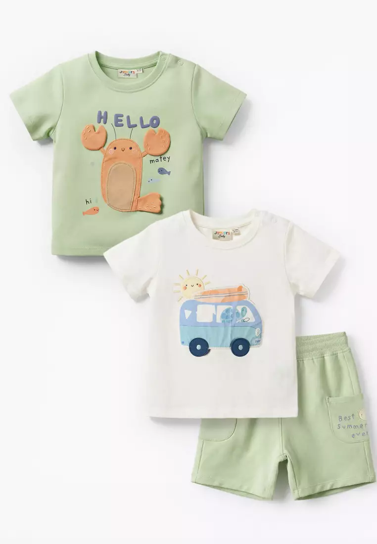 Babyshop Set Of 3 Juniors Crew Neck Short Sleeves T-Shirt And Shorts Set With Applique Accent