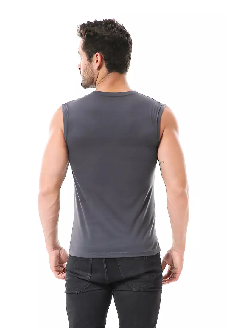Bobby Atasan Kasual Pria Singlet Motif Never Look Back Sleeveless Tshirt Material Cotton ORIGINAL - Gray
