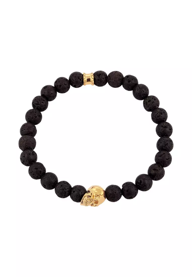 EXCLUSIVE Gelang Perhiasan Perak 925 Pria Skull Cool with Lava Beads Gold Plated