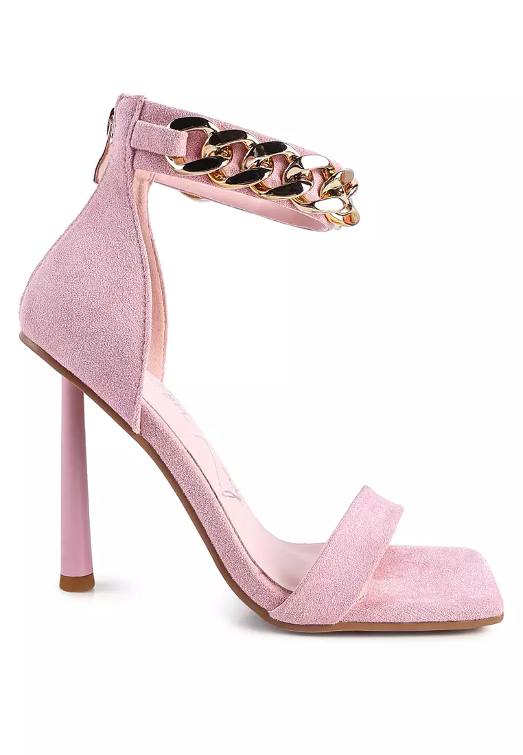 Discount on London Rag  shoes - SKU: Pink Heeled Faux Suede Chain Strap Sandal