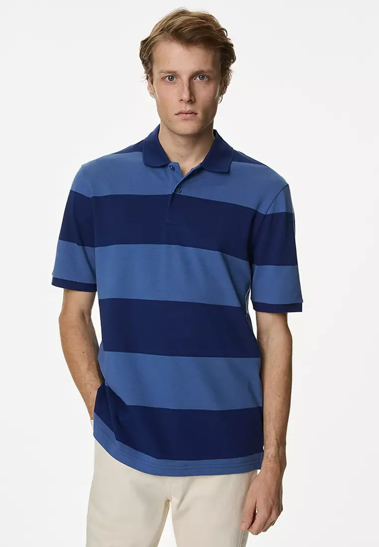 Pure Cotton Striped Pique Polo Shirt