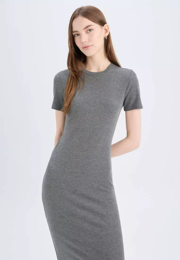 Buy DeFacto Bodycon Body Hugging Crew Neck Basic Plain Ribbed Camisole  Short Sleeve Midi Dress E6926Ax25Sp Online | ZALORA Malaysia