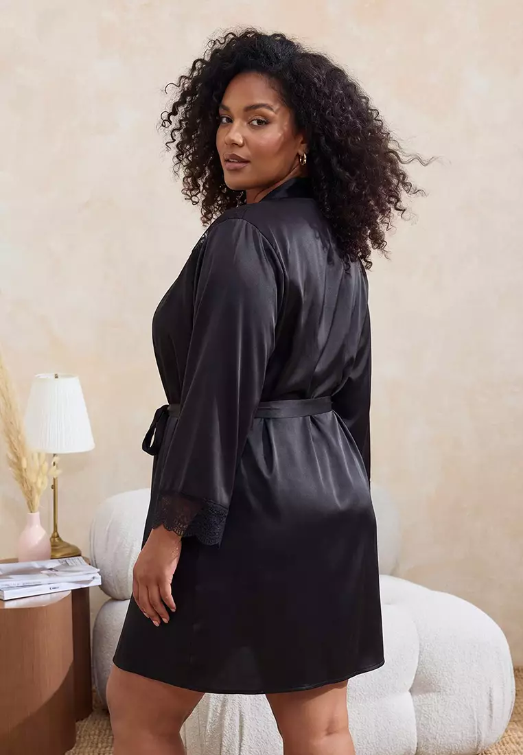 Black Satin Woven 2-Piece Set Dowry Set Plus Size Nightgown Tbbss26Ch00003
