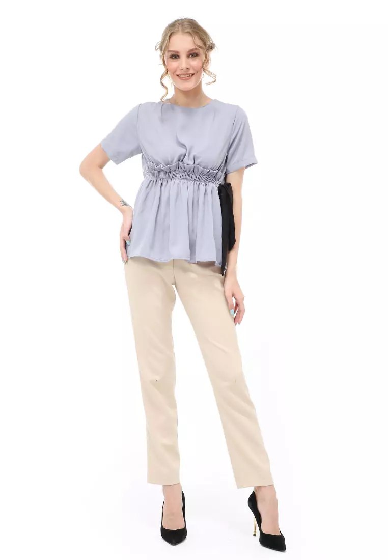 Cheva Blouse Atasan Wanita Kasual Pinggang Karet Pita Ikat Simple Material Wolfis ORIGINAL - Light Gray