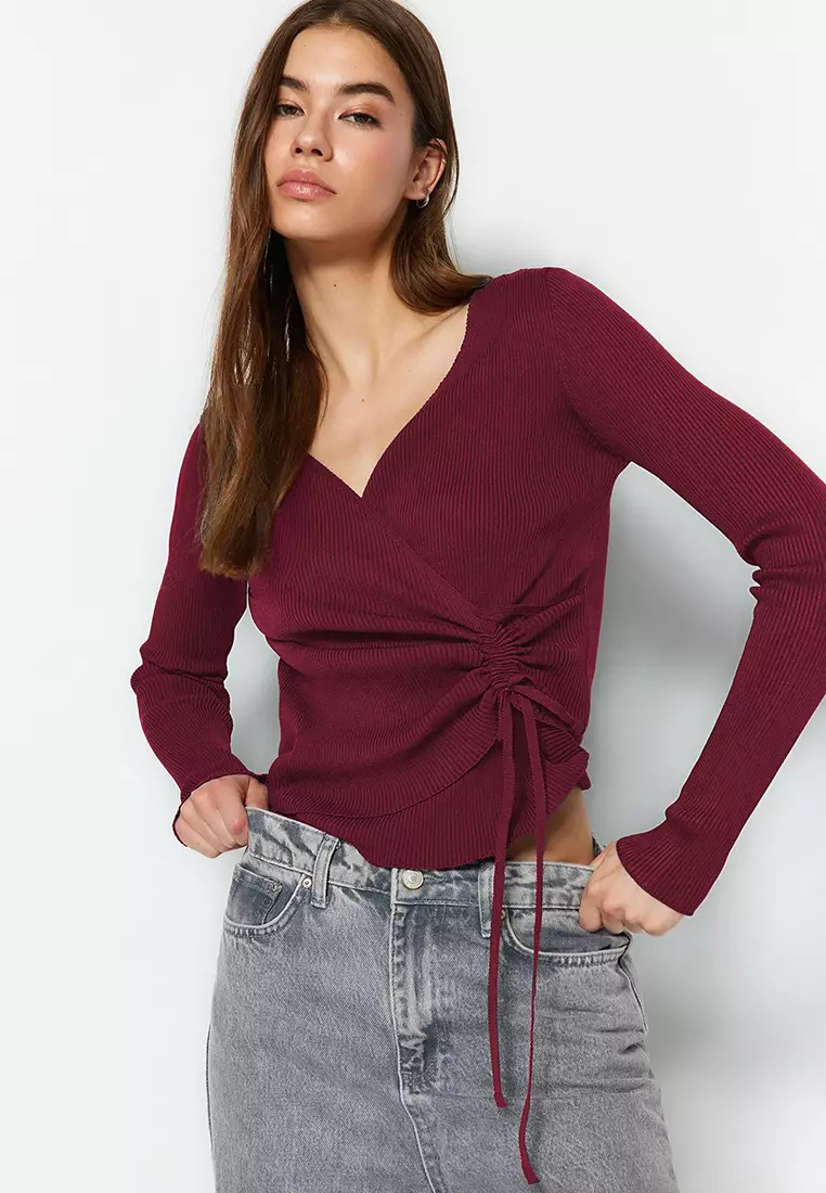 Burgundy Double Breasted Gather Detailed Knitwear Sweater