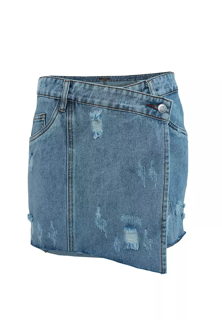 Buy London Rag Blue Distressed Denim Wrap Skirt 2024 Online
