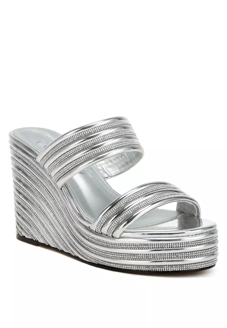 Metallic Faux Leather Wedge Sandals in Silver