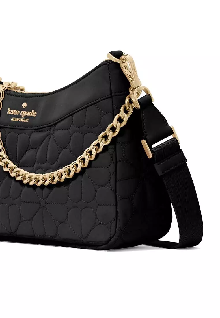 Spade Flower Quilted Fabric Convertible Crossbody Bag Black KK077