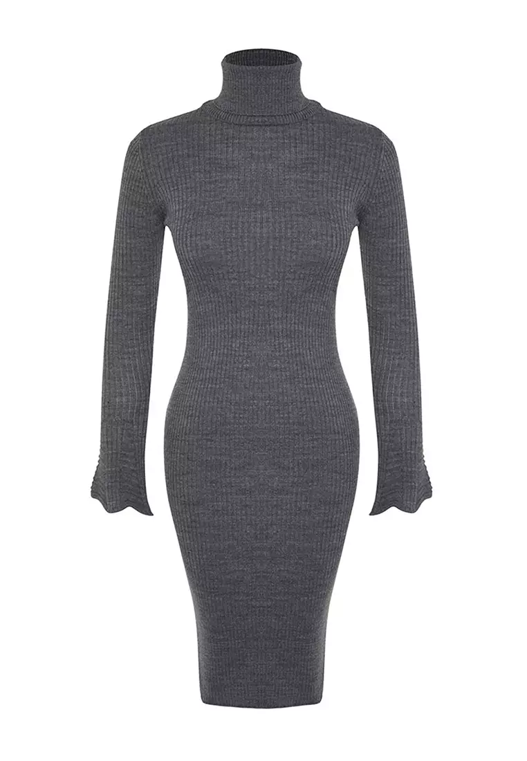 Anthracite Mini Knitwear Dress With Ruffled Sleeves