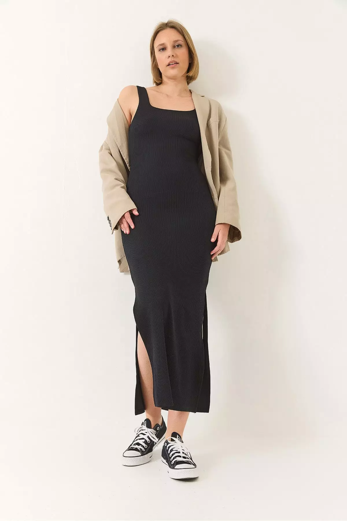 Women's Strappy Square Neck Slit Detailed Ottoman Midi Dress 295 60283176