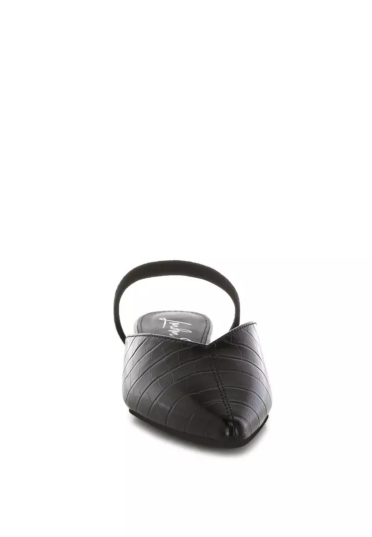 Fantasy Heel Croco Mules In Black