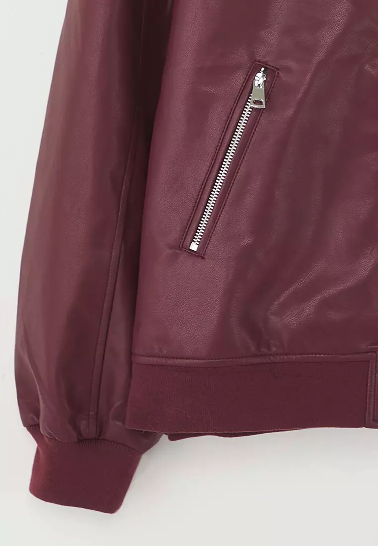 Claret Red Regular Fit Faux Leather Bomber Thin Plus Size Jacket Coat