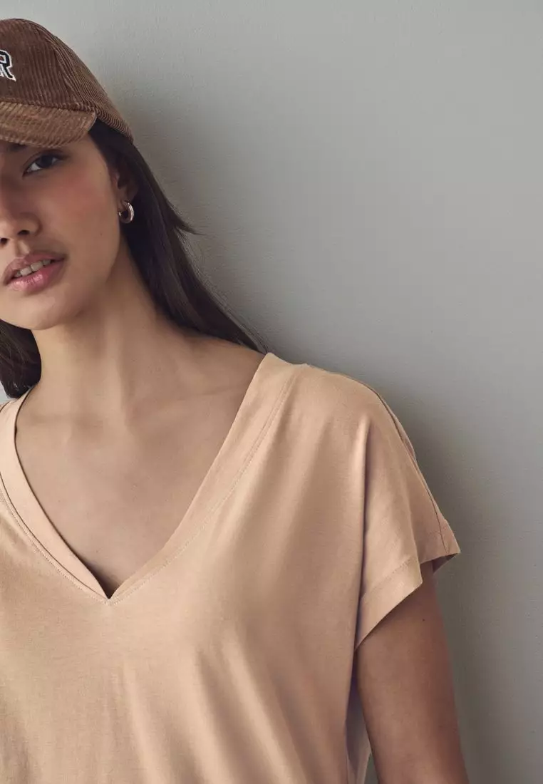 V-Neck 100% Cotton Rich Cap Sleeve T-Shirt