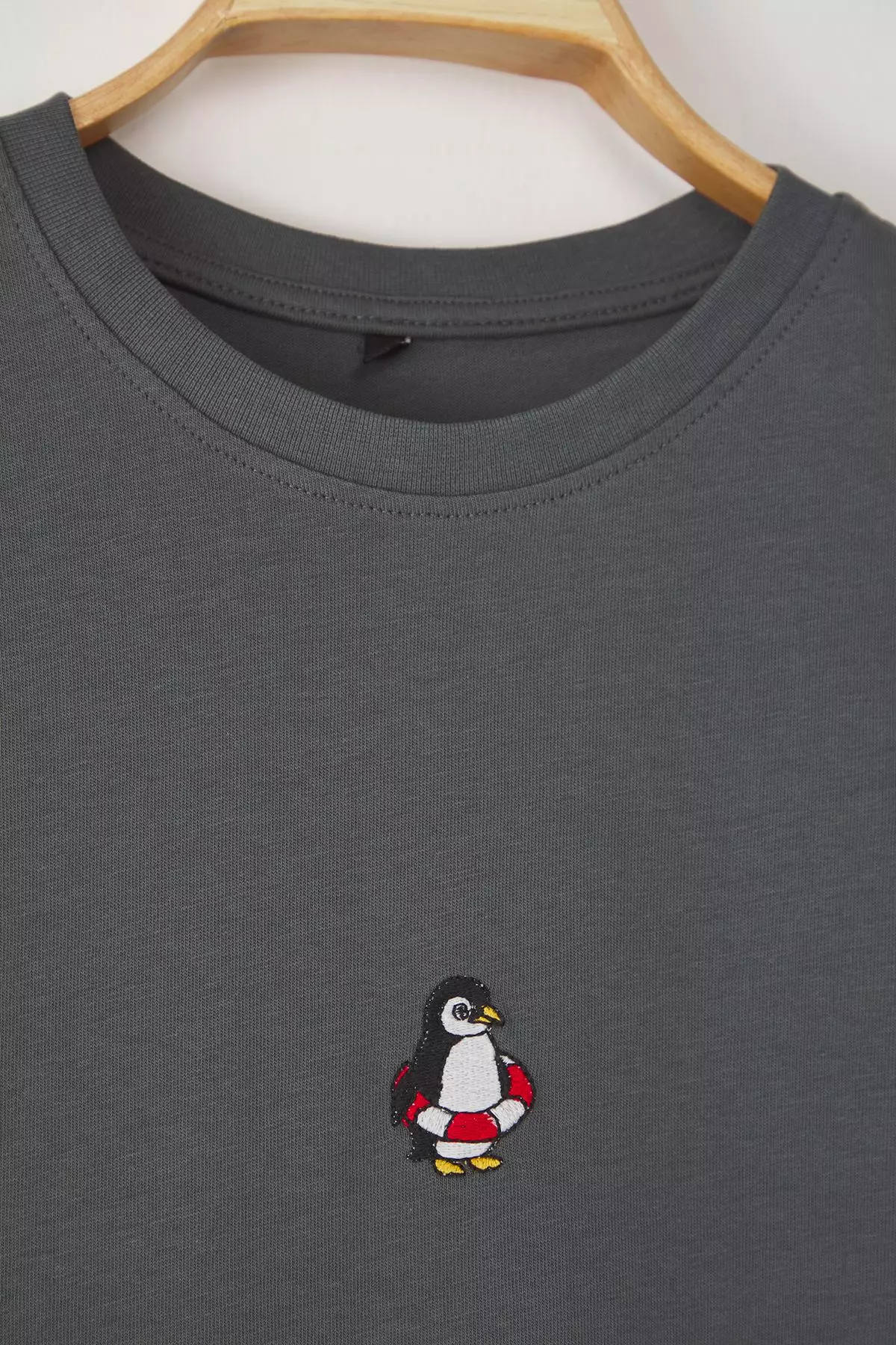 Anthracite Oversize/Wide Cut Penguin Embroidered 100% Cotton T-Shirt TMNSS23TS00243