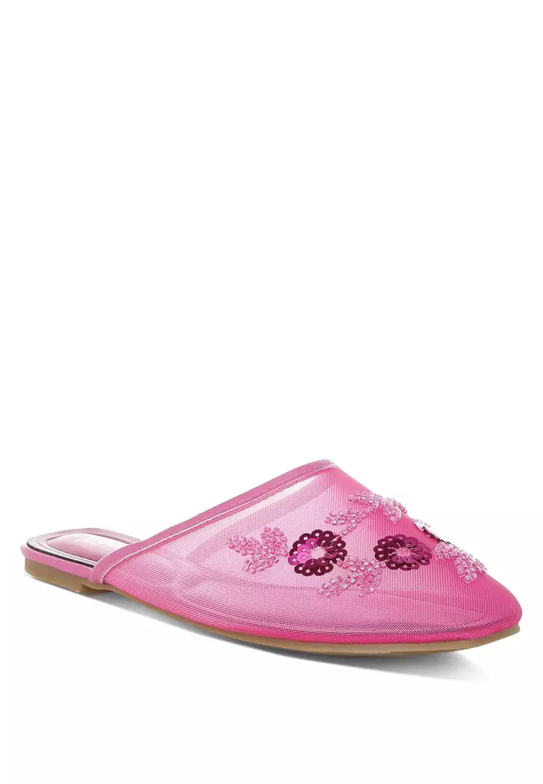 Mesh Sequin Beaded Mules In Fuchsia