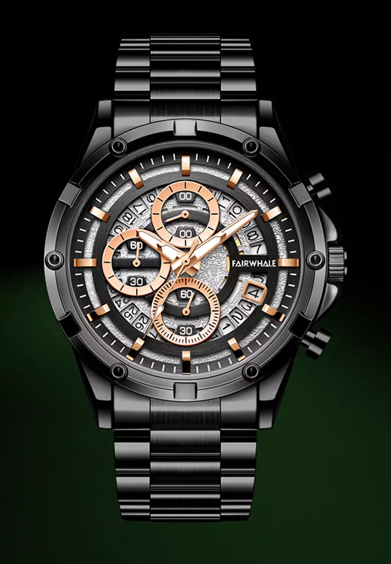 Unisex IP Black Stainless Steel Quartz Chronograph Watch, Black Dial, 42mm, Stainless Steel Bracelet