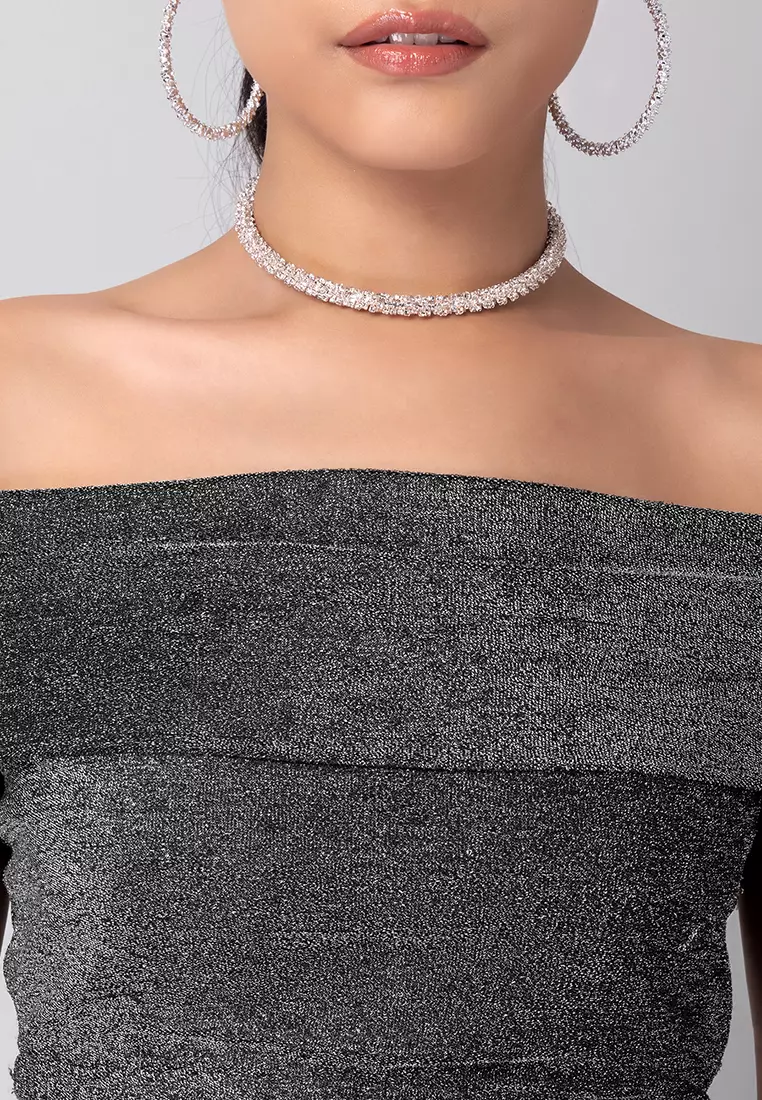 FabAlley Black Shimmer Off Shoulder Crop Top And Ruched Skirt Co-ord Set