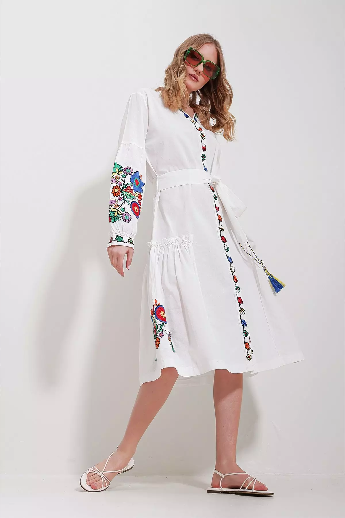 Women's White V Neck Full Embroidery Lined Woven Dress
