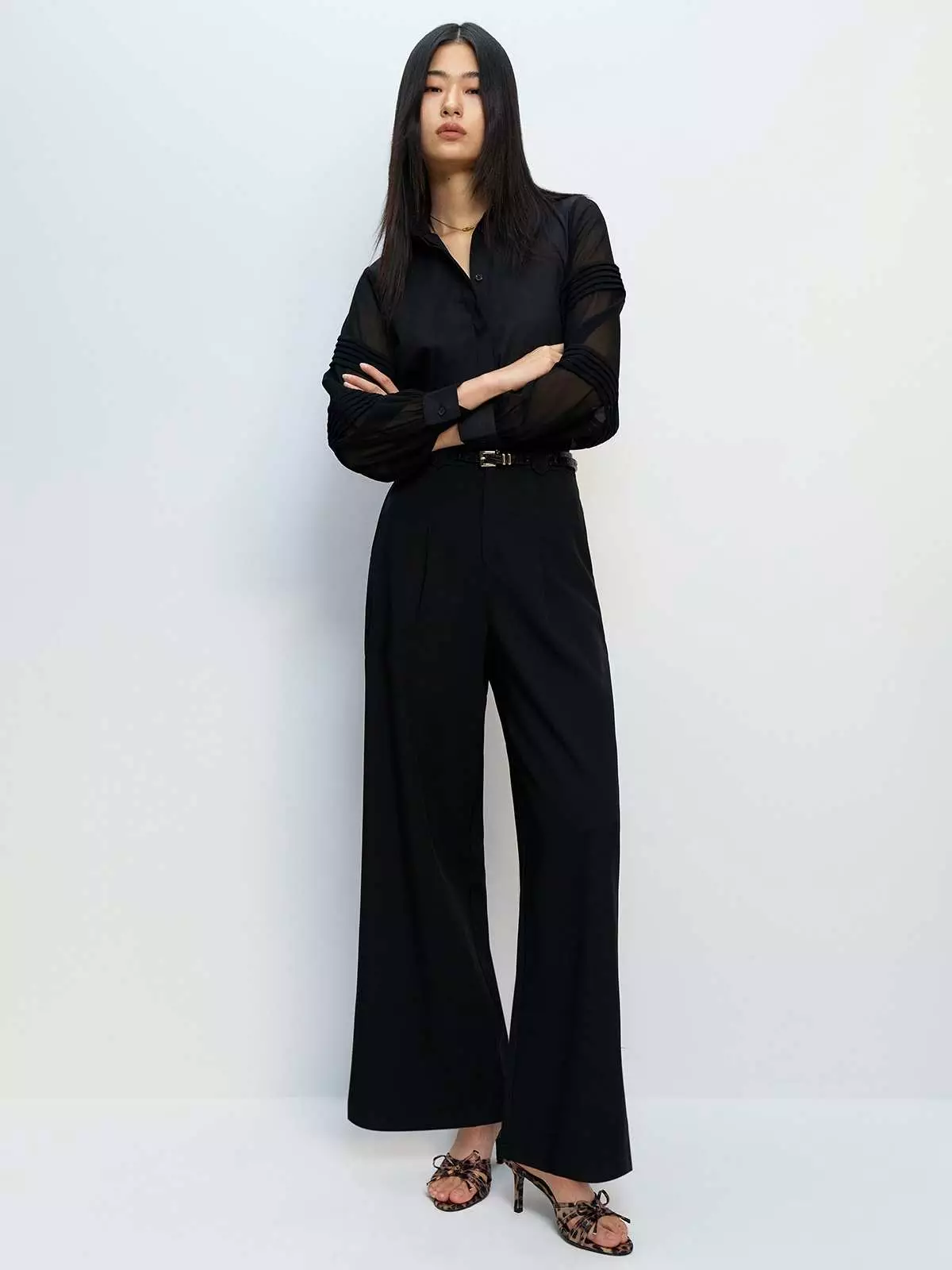 Sheer Sleeve Classic Button Shirt - Black