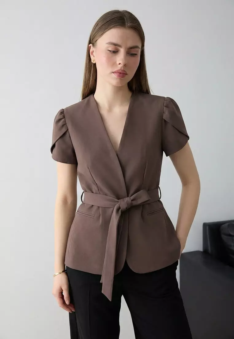 Brown Short Sleeve Blazer Jacket Twoss26Bc41