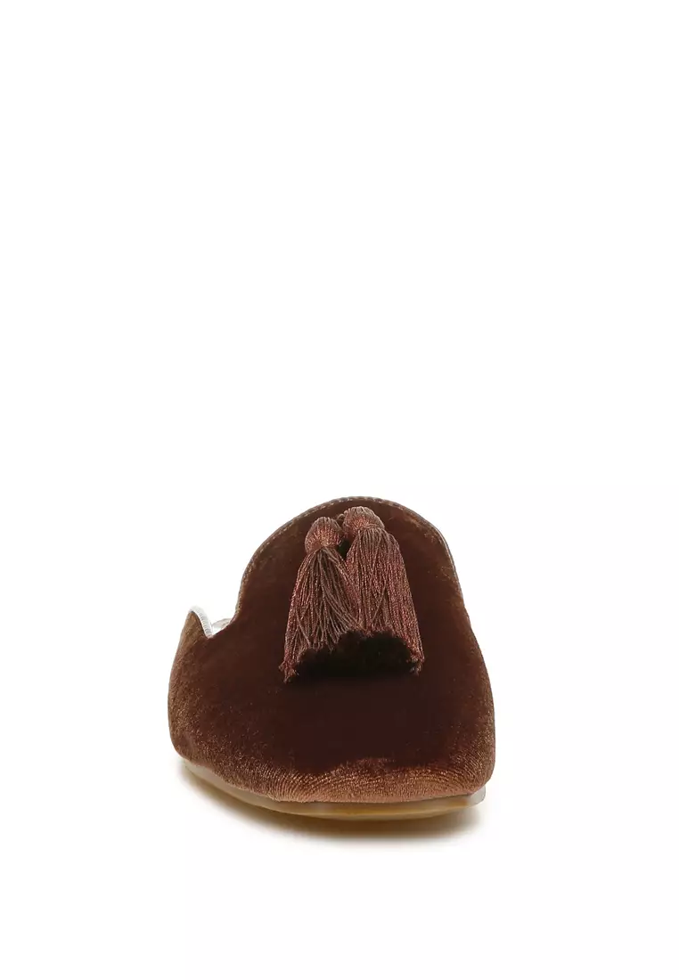 Tassel Detail Velvet Mules in Brown