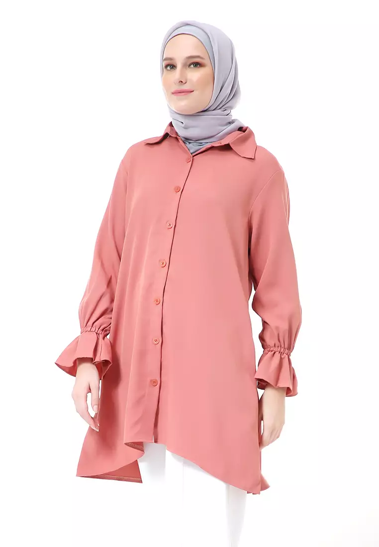 Aleina Blouse Muslimah Atasan Wanita Long Sleeve Premium High Quality - Salmon