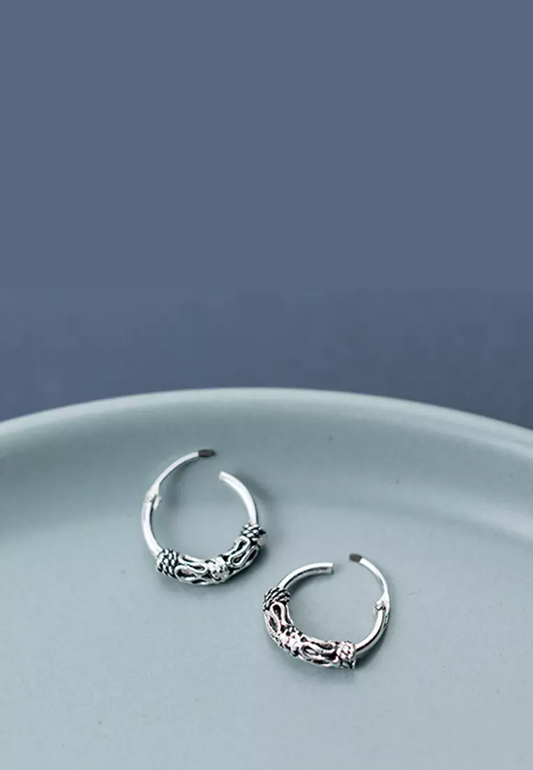 925 Marcasite Silver Vintage Pattern Hoop Earrings JW AR-E6165
