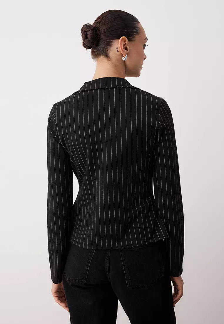Black Striped Polo Collar Hooked Fitted/Fits Body Flexible Knitted Blouse Twoaw26Bz00038