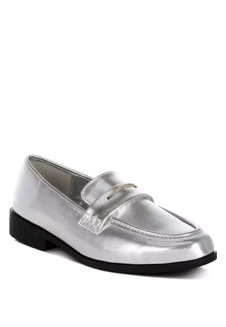 Metallic Faux Leather Flat Loafers in Silver