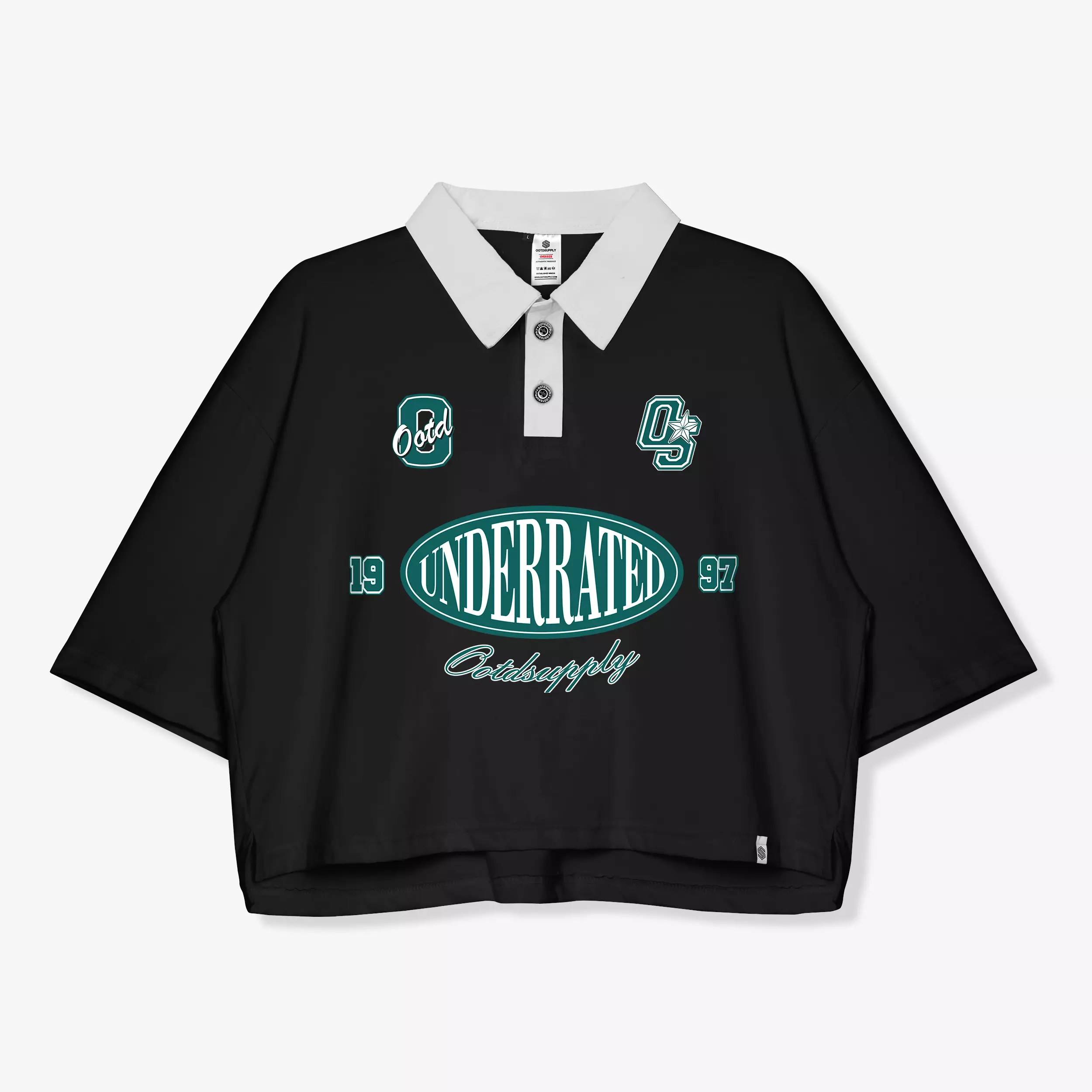 OOTDSUPPLY Oversize Polo Crop Shirt Underrated Black l Polo Crop Pria dan Wanita OVZ-CPS003
