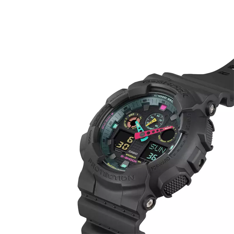 Jam Tangan Pria Casio G-Shock GA-100MF-1ADR Multi-Fluorescent Accents Series Digital Analog Dial Black Resin Band
