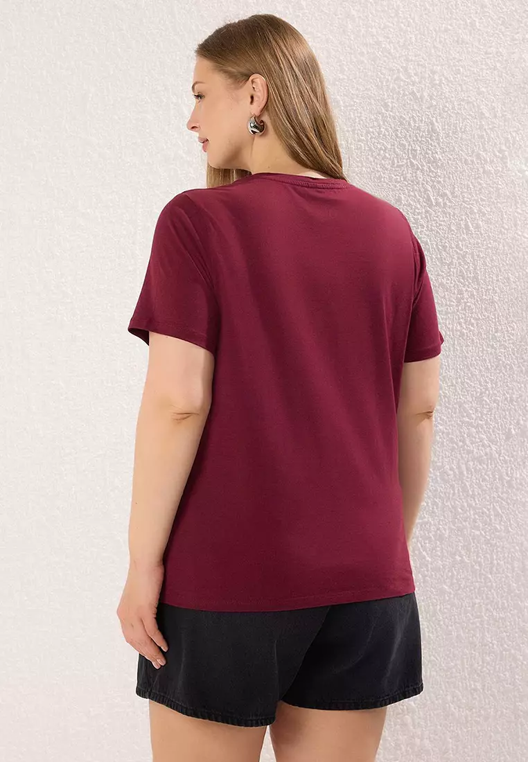 Claret Red Regular Fit Basic Crew Neck 100% Cotton Knitted Plus Size T-Shirt Tbbss22Ts0733