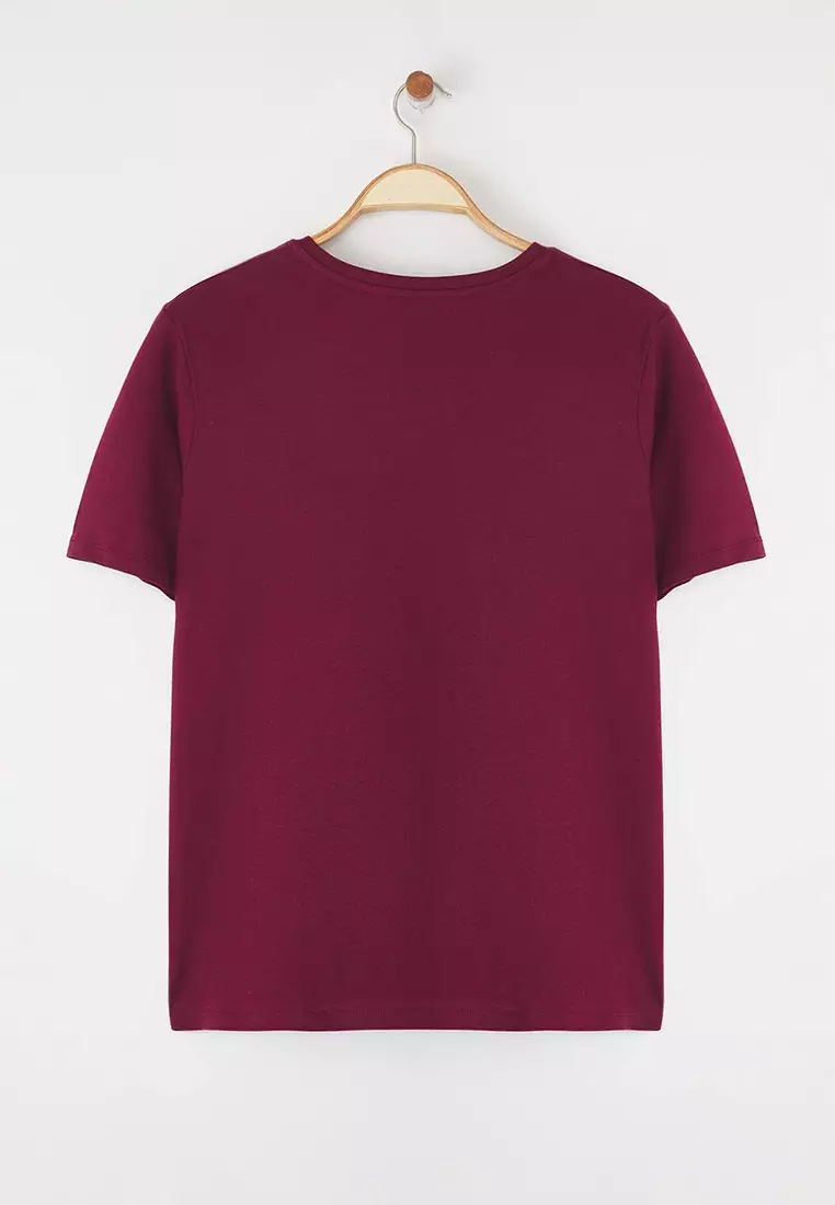 Claret Red Regular Fit Basic Crew Neck 100% Cotton Knitted Plus Size T-Shirt Tbbss22Ts0733
